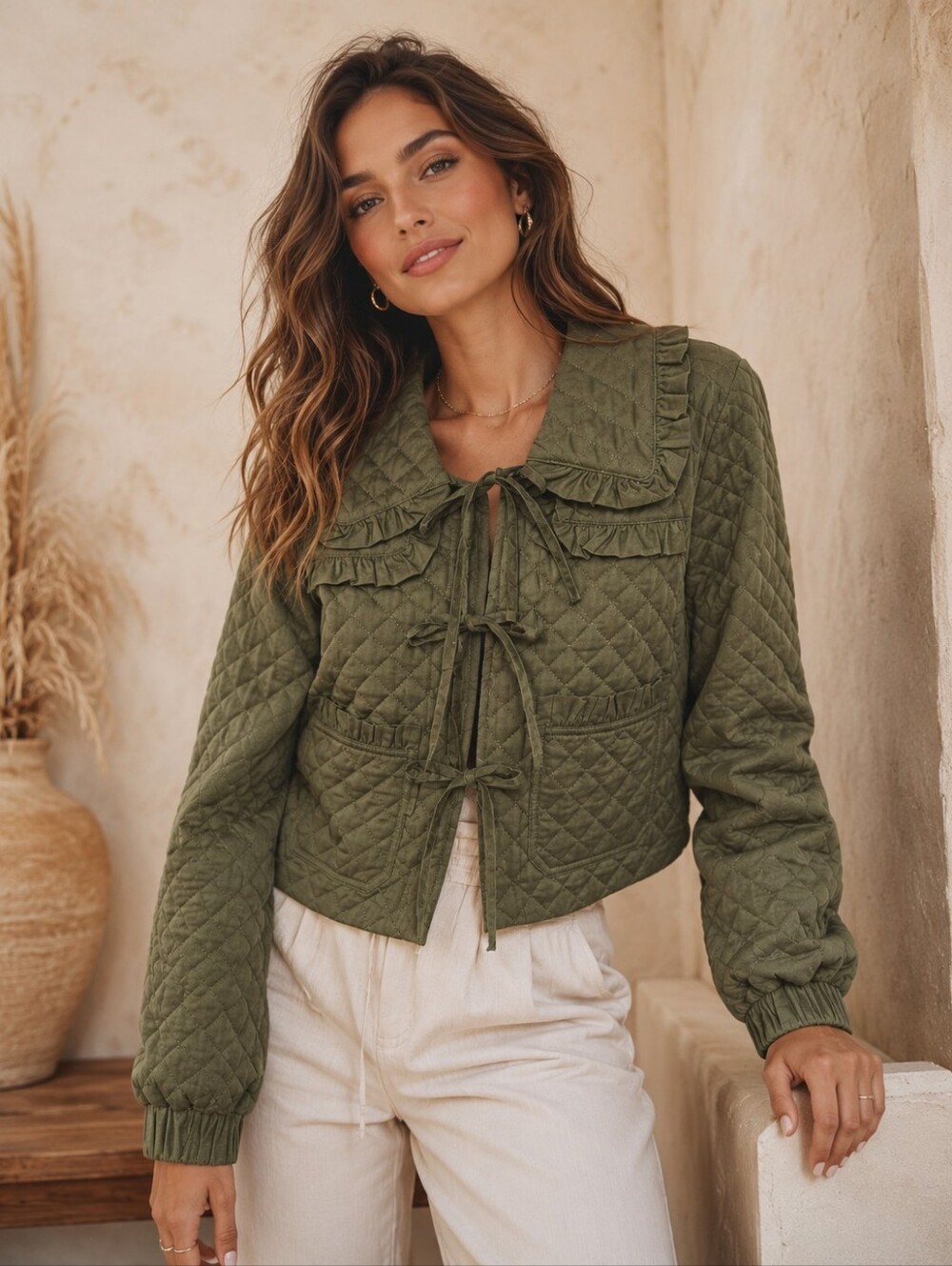 439. Avec Les Filles Olive Green Quilted Tie-Front Bomber Jacket